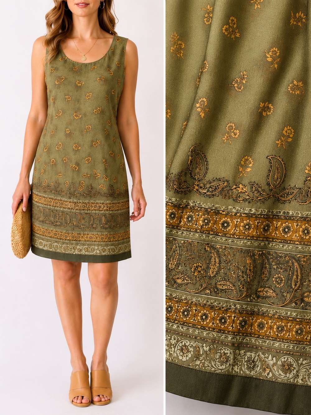 Vintage SAG HARBOR Olive Green Rayon Floral Border Print Shift Dress L